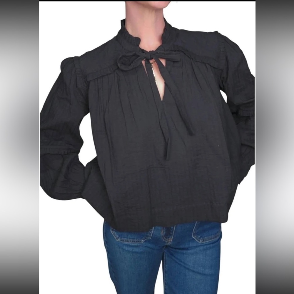 FRNCH Black Tie-Neck Blouse Peplum hem French Style Timeless Classic Sz Small
